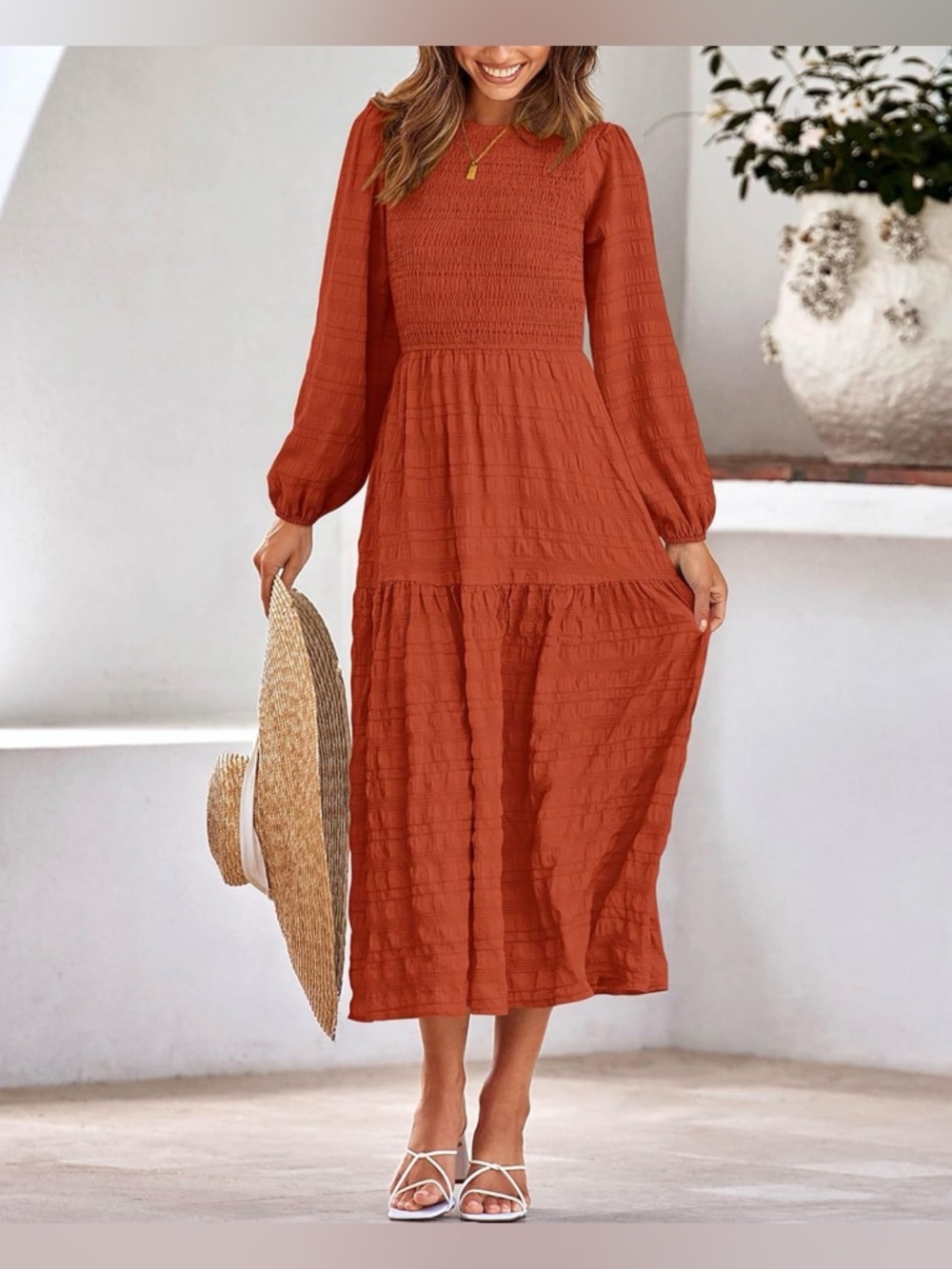 Women’s Boho Maxi Dress Smocked Tiered Puff Sleeve A-Line Fall Party Wedding M - Picture 2 of 16